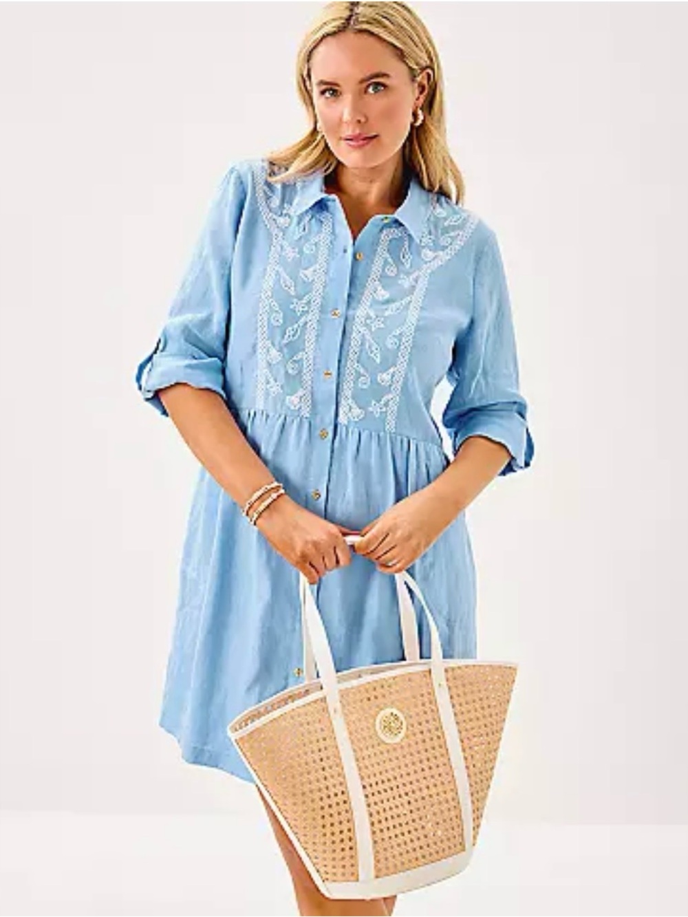 NWT Lilly Pulitzer Shaela Jacaranda Blue Embroidered Button-Front Linen Dress M